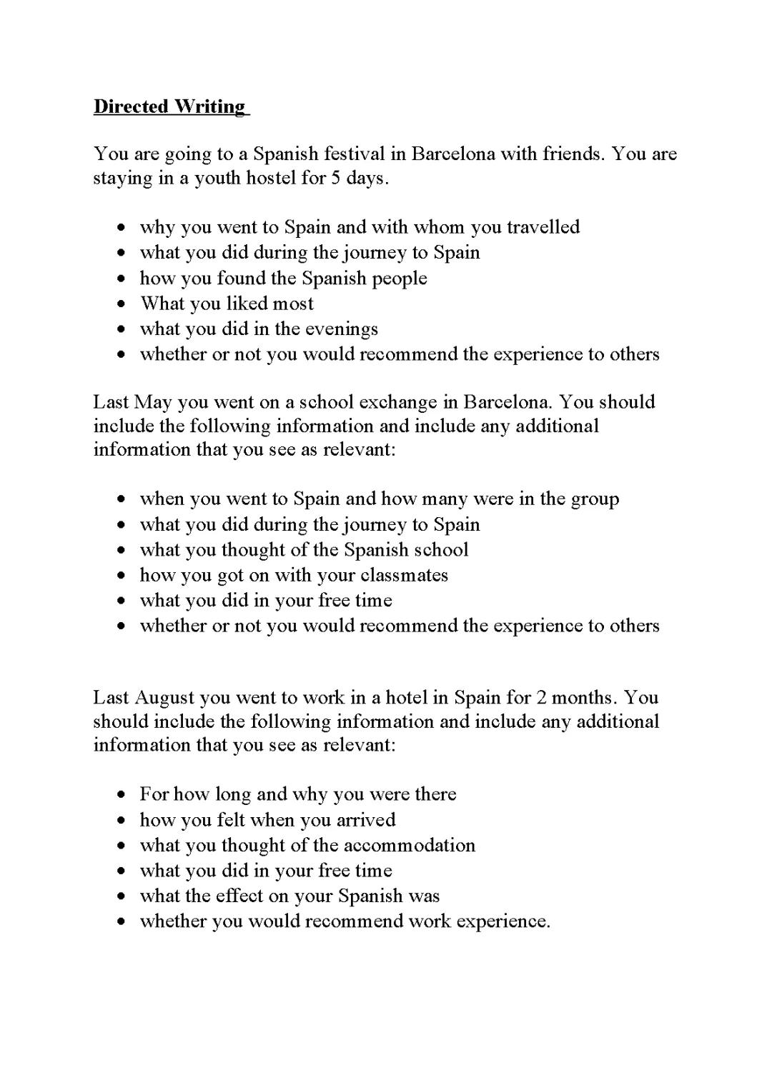 Example Directed Writing Questions - Higher Spanish 