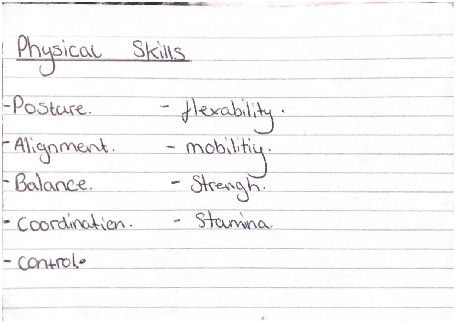 Physicac
-Posture.
-Alignment.
Balance.
Skills
Coordination.
- Controle
-flexability.
- mobilitiy
- Strengh
Stamina. Expressive Skills.
- Co