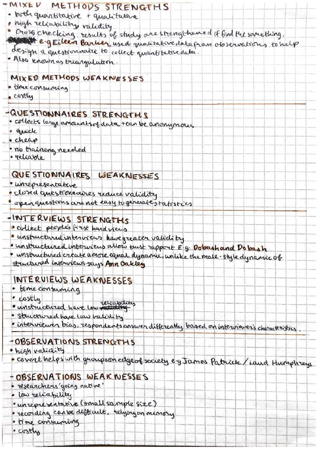 research methods summary sheet 