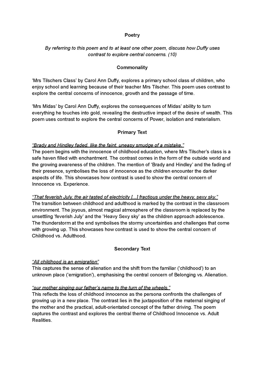 SQA Higher English - Carol Ann Duffy -  10 Marker on Central Concerns