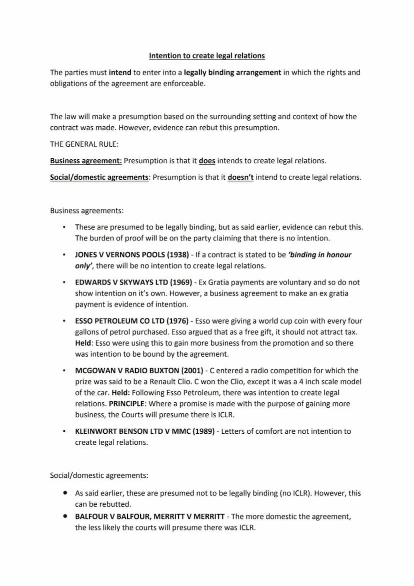 Contract Law
Formation of a contract:
• Offer and Acceptance
. Consideration
• Privity
• Intention to create legal relations
Terms of a cont