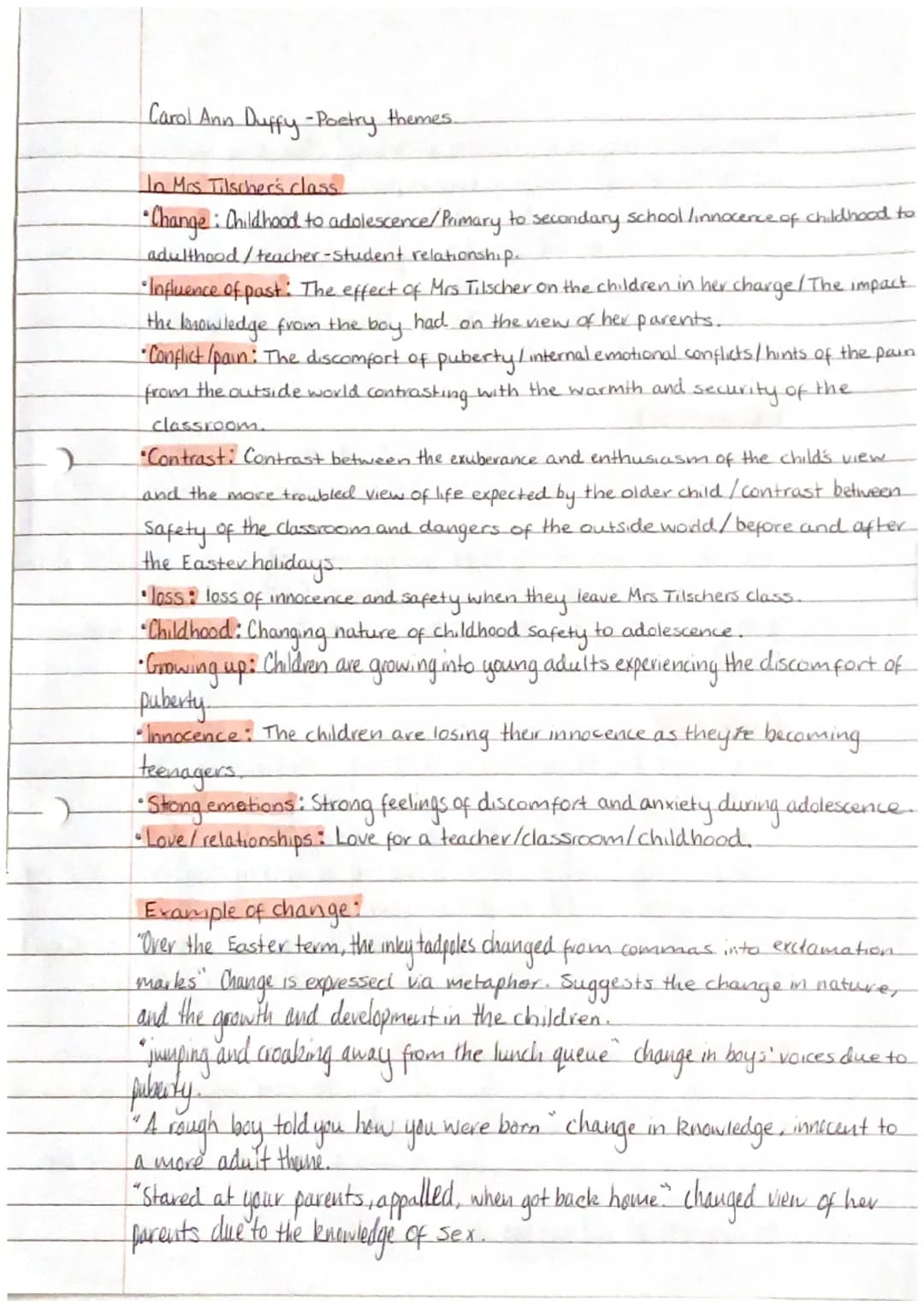 2
2
Carol Ann Duffy -Poetry themes.
In Mrs Tilscher's class
• Change: Childhood to adolescence/ Primary to secondary school linnocence of ch