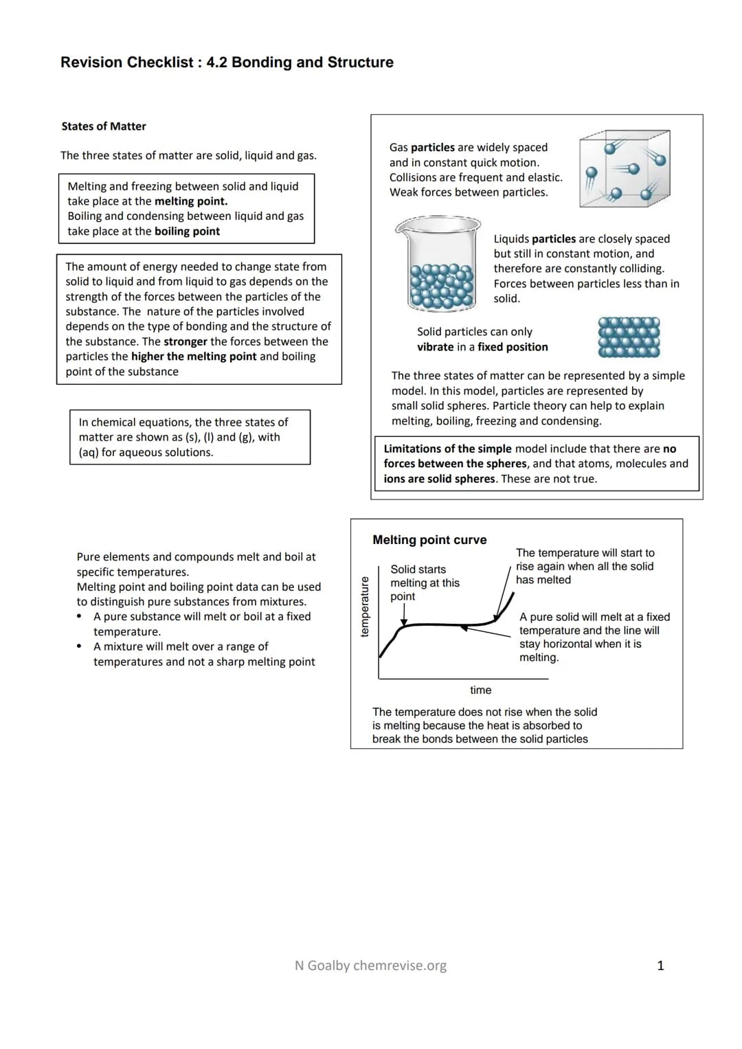 Revision Checklist: 4.2 Bonding and Structure
States of Matter
The three states of matter are solid, liquid and gas.
Melting and freezing be