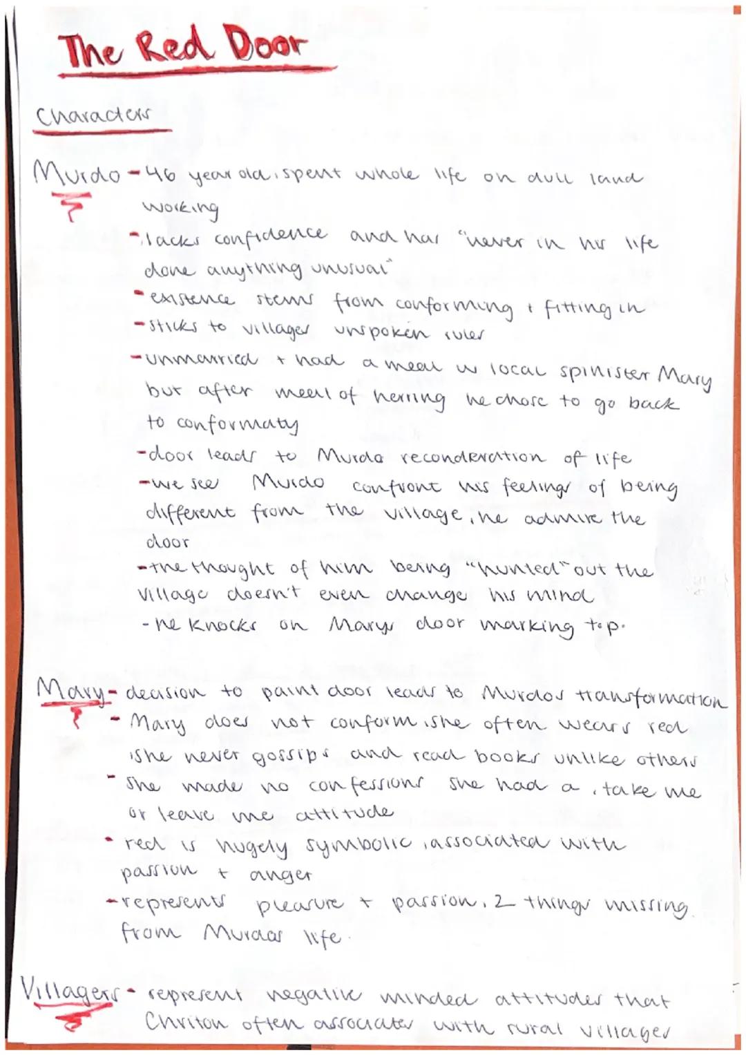 The Red Door
Characters
Murdo - 46 year old, spent whole life on dull land
Working
- lacks confidence and hav
done anything unusual"
existen