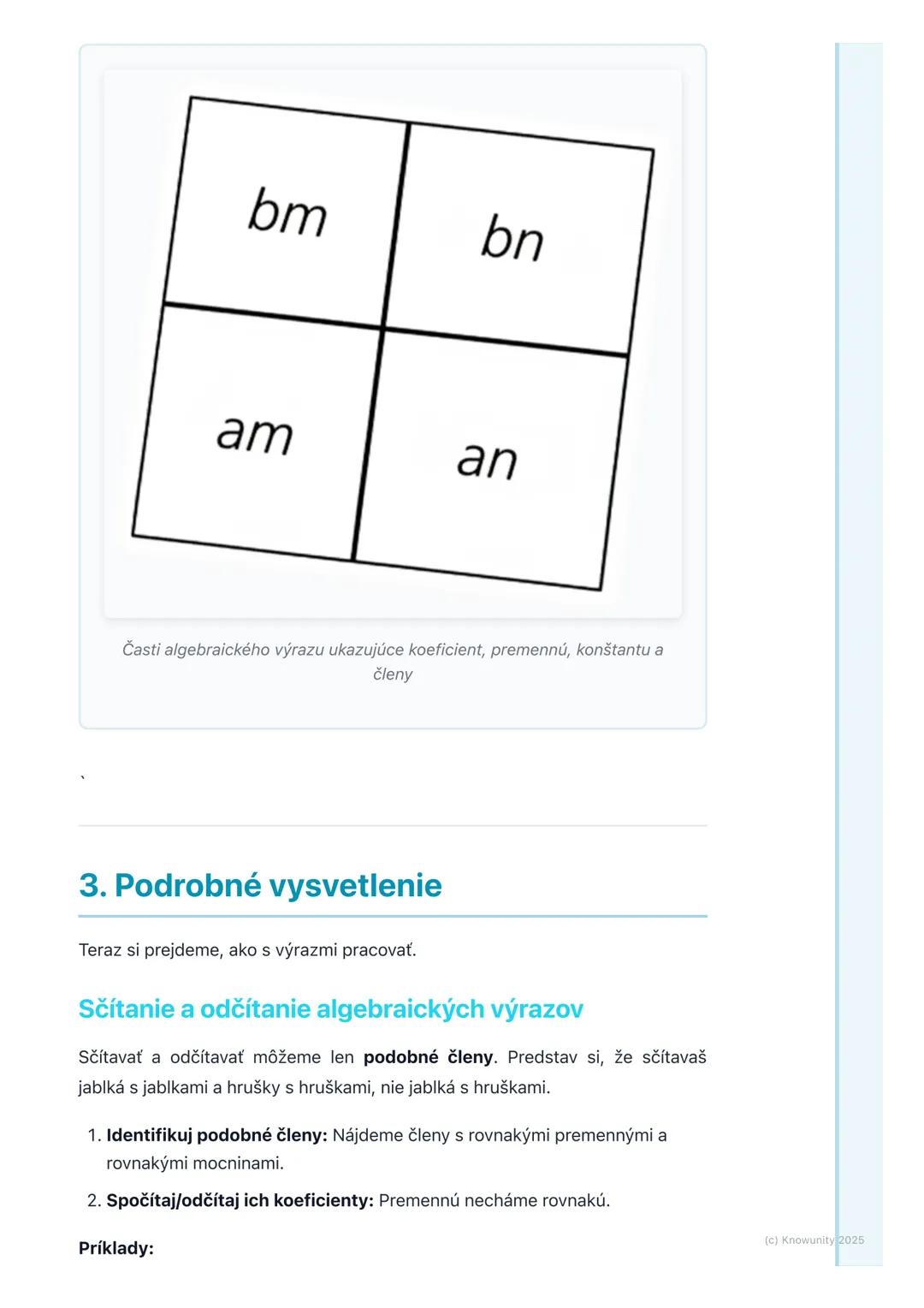 # Algebraické výrazy

## 1. Úvod do algebraických výrazov

Algebraické výrazy sú ako matematické vety, ktoré používajú čísla, písmená
(preme