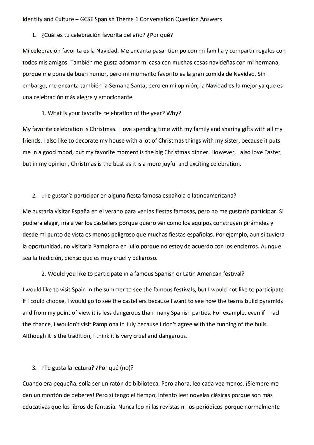 Identity and Culture - GCSE Spanish Theme 1 Conversation Question Answers
1. ¿Cuál es tu celebración favorita del año? ¿Por qué?
Mi celebrac