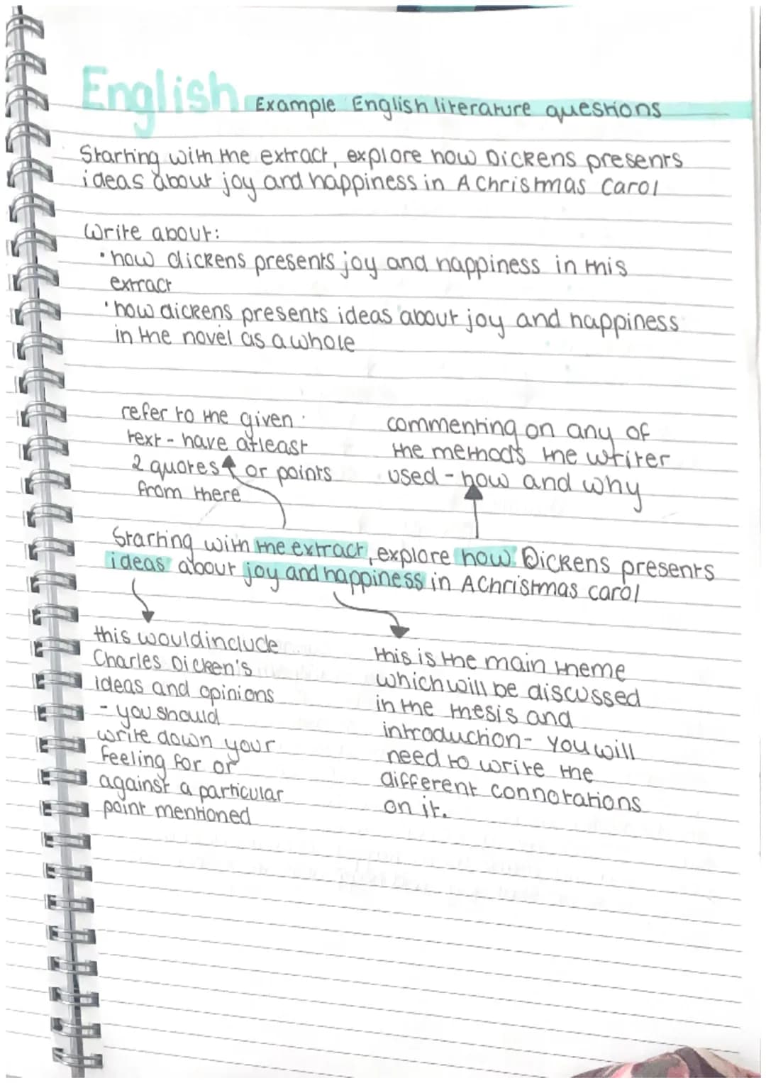 L
L
English Examp
Example English literature questions.
Starting with the extract, explore how Dickens presents
ideas about joy and happines