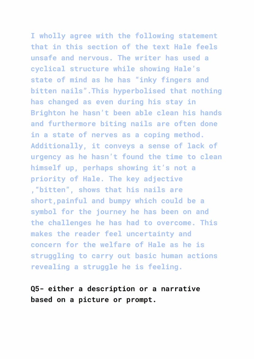 English language paper 1- model paragraphs
Q1- list 4 things from this part of the
source about Hale- 4 marks
Note no inferences
For example