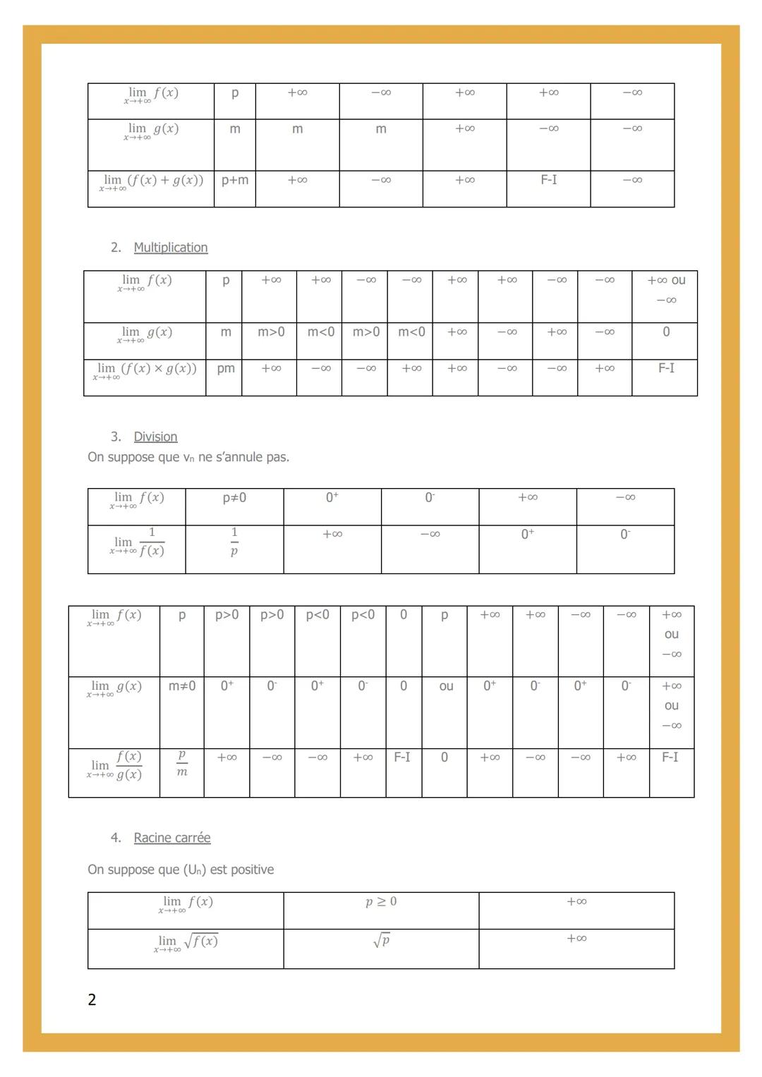 # 5- LIMITES DE
FONCTIONS

LIMITES EN +∞ ET-08

1. Limite infinie

f a pour limite +0∞ (resp. -co) lorsque x tends vers +∞ si pour tout réel