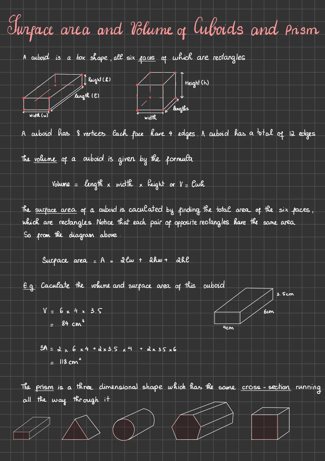 Surface area and Volume
of
A cuboid is a box shape, all six faces of which are rectangles
Width (w)
length (C)
Volume =
height (h)
A cuboid 