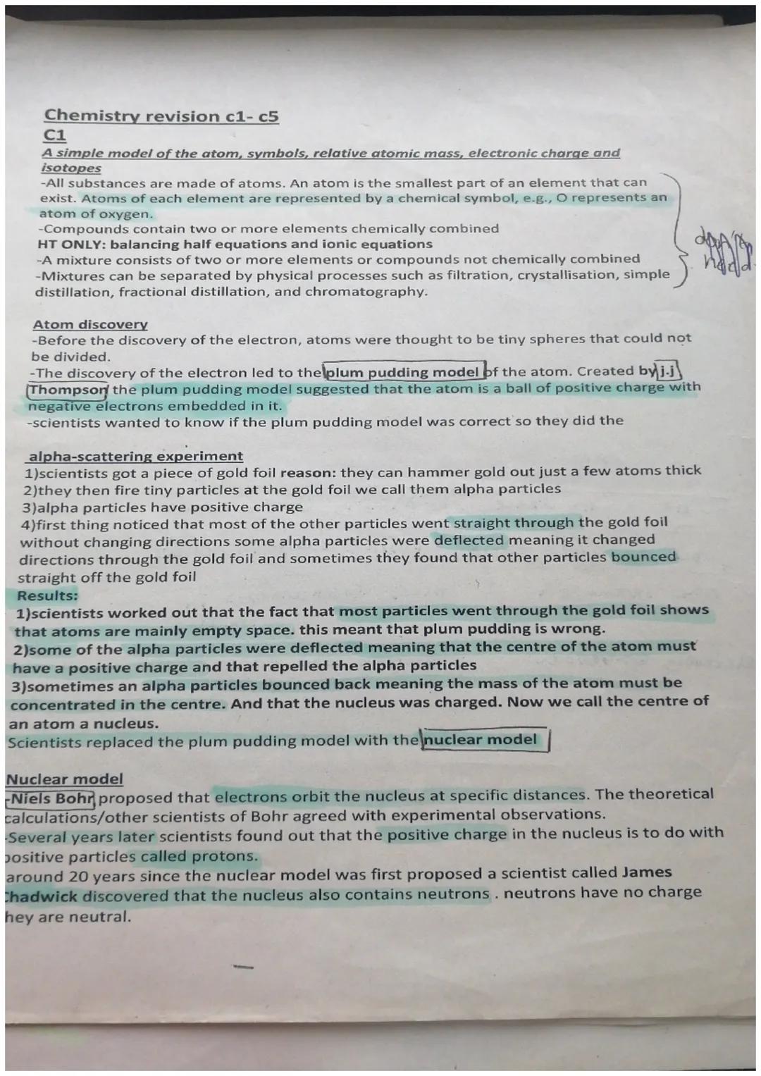Chemistry revision c1-c5
C1
A simple model of the atom, symbols, relative atomic mass, electronic charge and
isotopes
-All substances are ma