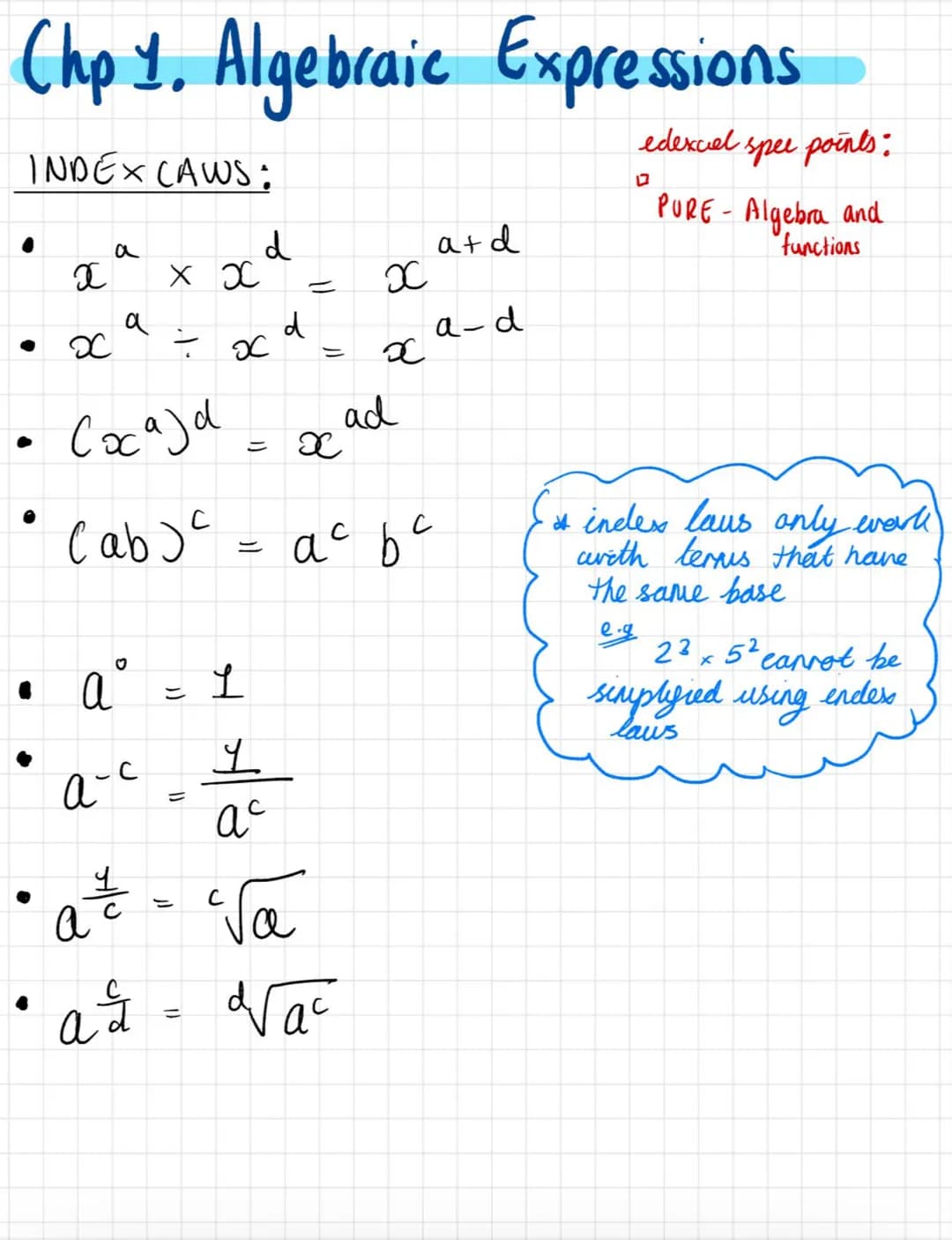 Chp 1. Algebraic Expressions
edexcel.
INDEX CAWS:
x
a
a
х х
• aº
а-с
x
сосаза
(ab)c
=x
d
L
=
d
=
L
ac
а
Va
aª= d√ac²
а
X
x
ad
atd
a-d
ac b c