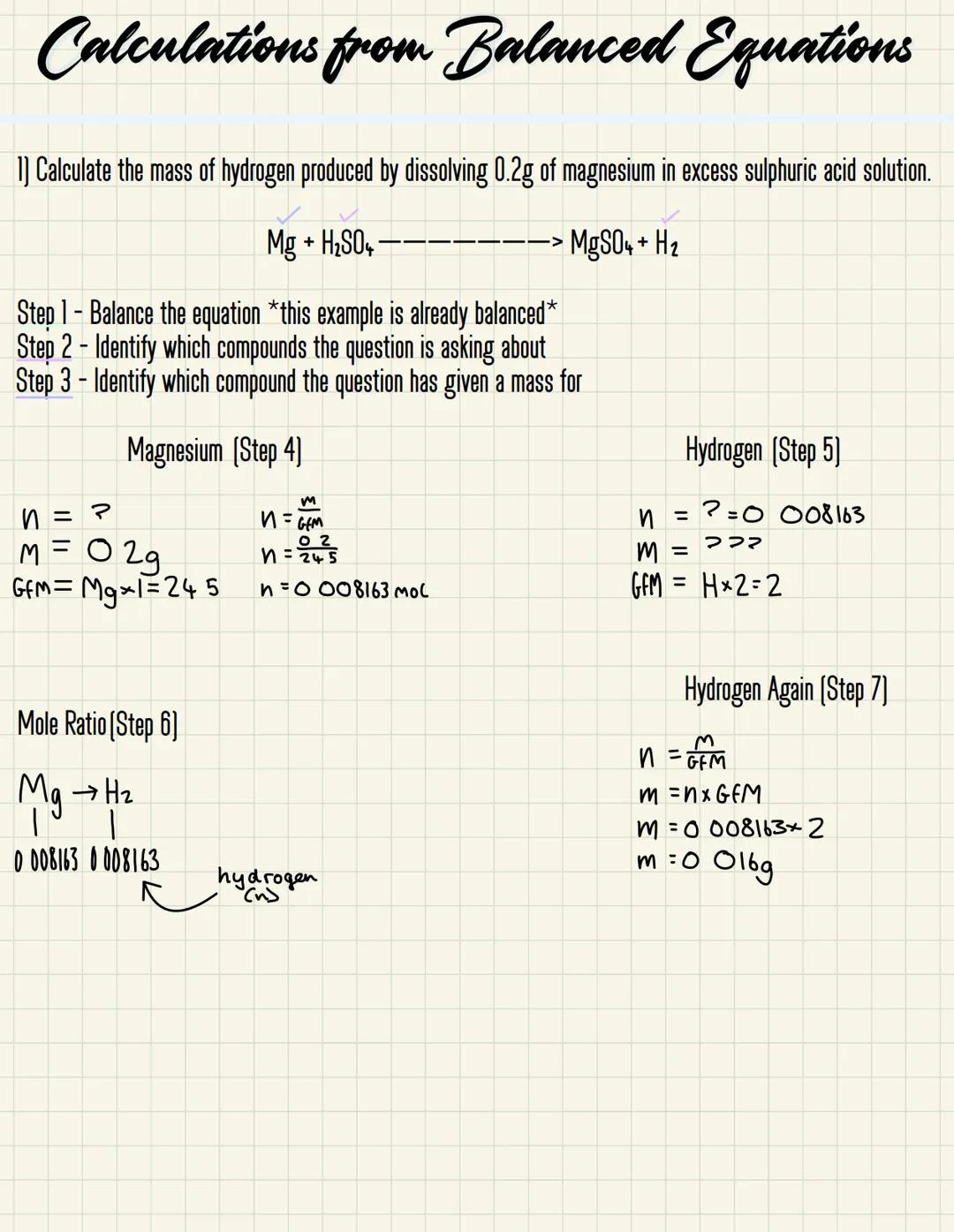 Calculations from Balanced Equations
1] Calculate the mass of hydrogen produced by dissolving 0.2g of magnesium in excess sulphuric acid sol