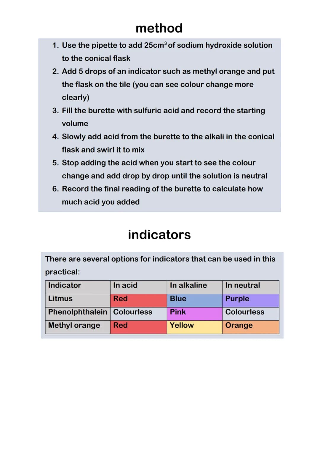 Titration practical
Titration is an experimental technique used to find an
unknown concentration of an acid/alkali
PIPETTE
Titration equipme