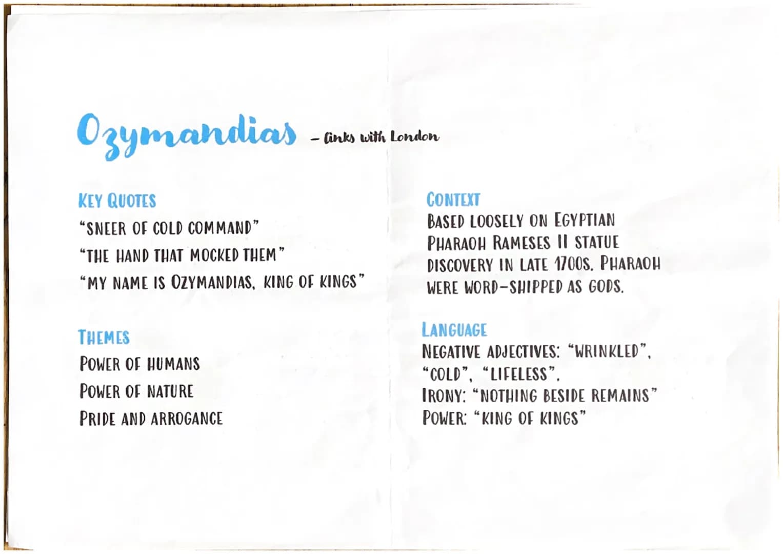 London
- links with Ozymandias
KEY QUOTES
"I WANDER THROUGH EACH CHARTERED STREET"
"THE MIND-FORGED MANACLES"
"IN EVERY CRY OF EVERY MAN"
TH