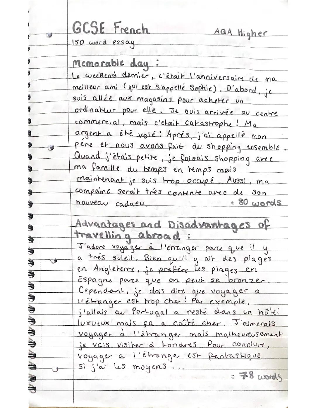 Grade 9 150 word French Essay example