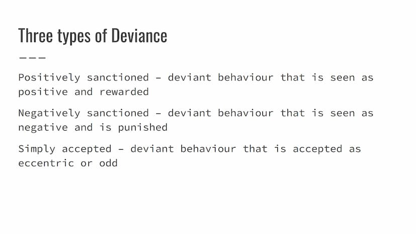 AQA Sociology:Crime and
Deviance
Introduction Crime and Deviance
Crime is behaviour that breaks the written laws of a
society.
Deviance is b