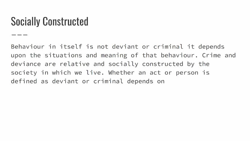 AQA Sociology:Crime and
Deviance
Introduction Crime and Deviance
Crime is behaviour that breaks the written laws of a
society.
Deviance is b