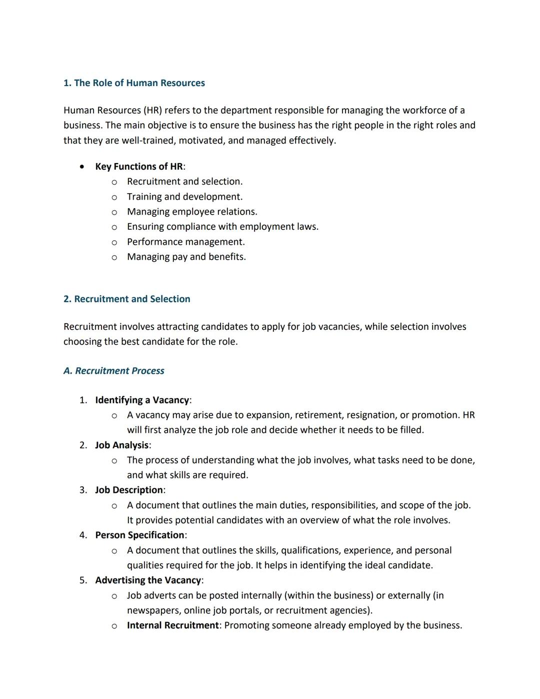 1. The Role of Human Resources
Human Resources (HR) refers to the department responsible for managing the workforce of a
business. The main 
