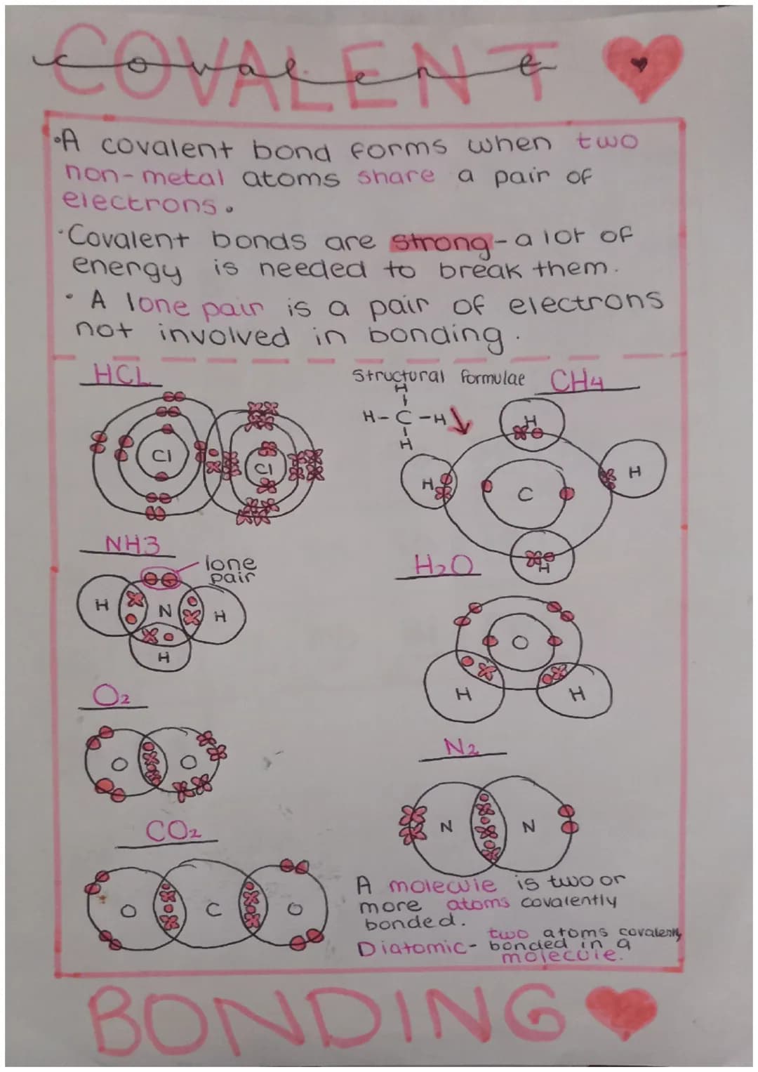 COVALENT
A covalent bond forms when two
non-metal atoms share a pair of
electrons.
Covalent bonds are strong-a lot of
energy is needed to br