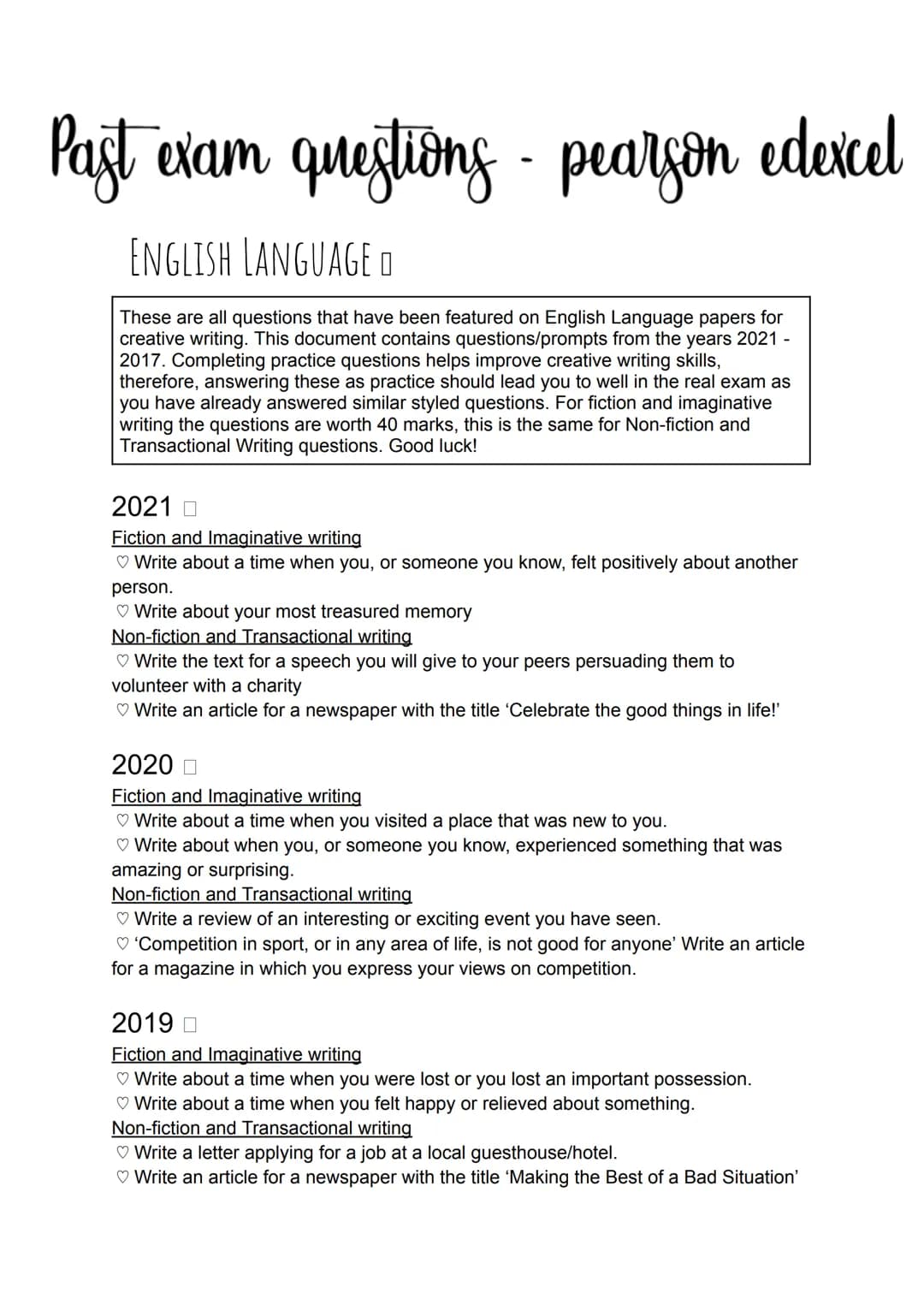 Past exam questions - pearson edexcel
ENGLISH LANGUAGE O
These are all questions that have been featured on English Language papers for
crea