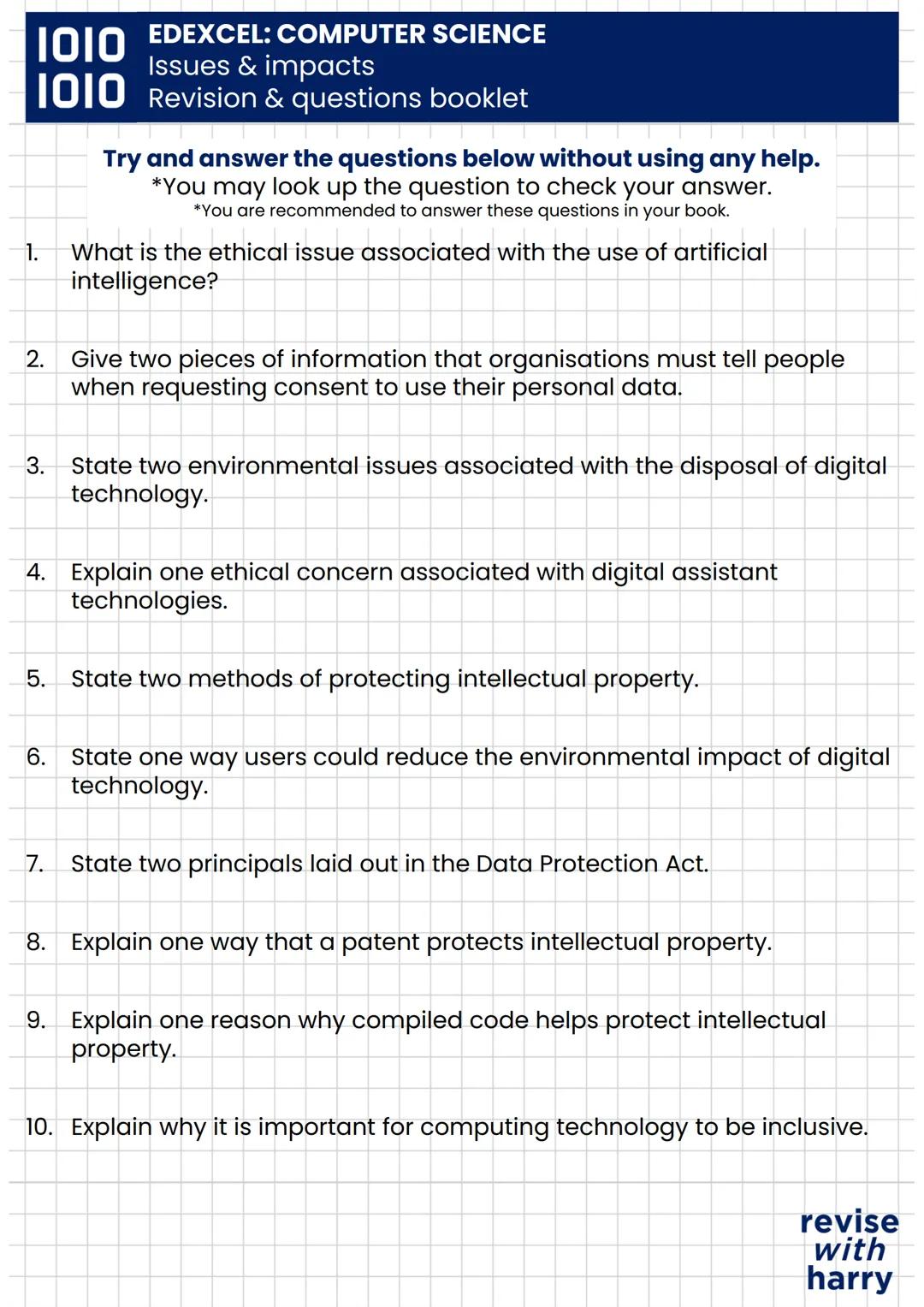 1010
EDEXCEL:COMPUTER SCIENCE
Issues & impacts
1010 Revision & questions booklet
ENVIORNMENTAL ISSUES
Environmental concerns are those where