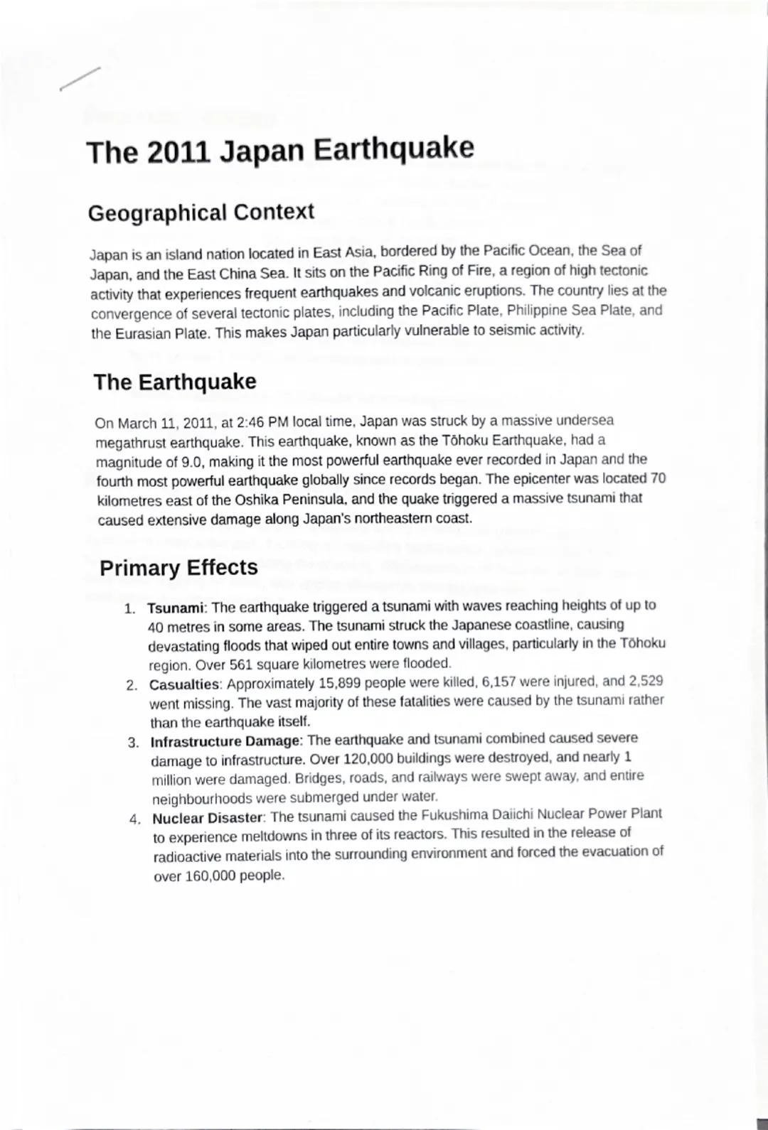 The 2011 Japan Earthquake
Geographical Context
Japan is an island nation located in East Asia, bordered by the Pacific Ocean, the Sea of
Jap