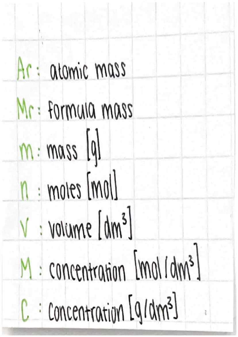 TOPIC 5
Quantative Chemisty
Formulas:
g
m rearrange for m:
m=nxMr
1. number of males = mass
mol
formula mass
dms
2. moles =
Volumex Concentr