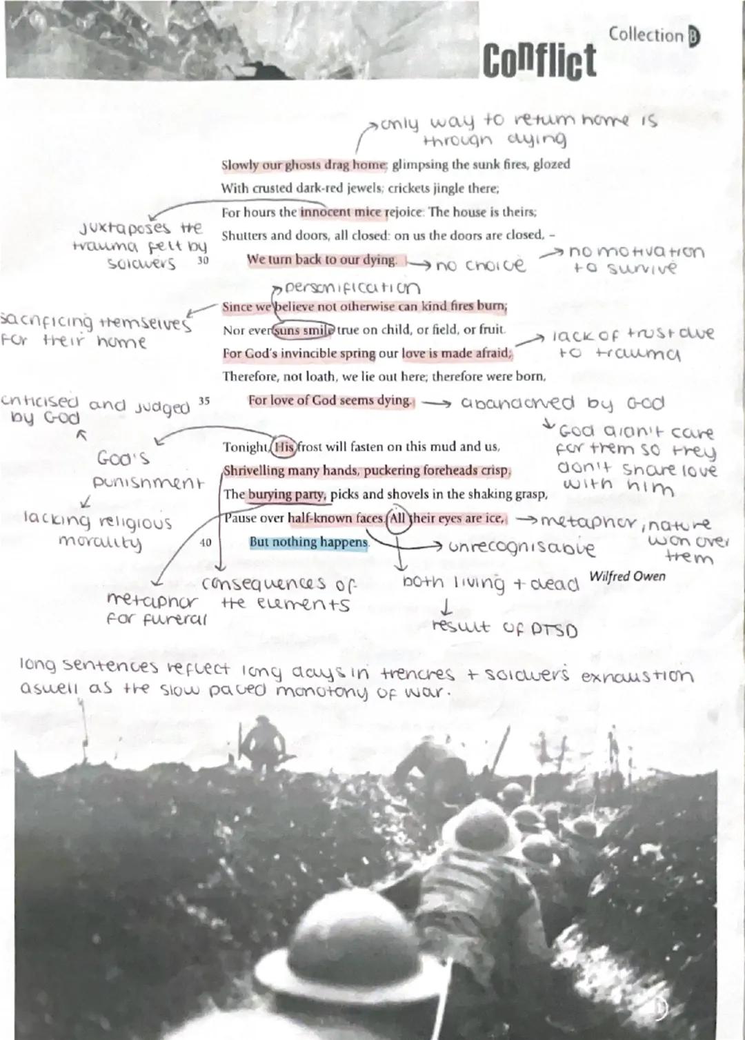 # Conflict

1st person
Free verse

difficult to Exposure
pronounce

alliteration of "w"
↓
difficulty in the
soiluers lives

panic
^
✓
aysind