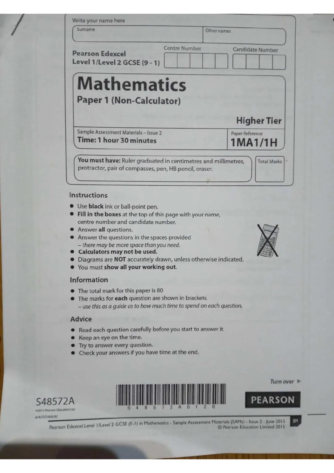 GCSE Maths - Practice Higher Tier Non-Calculator Paper (Answered + Marked)