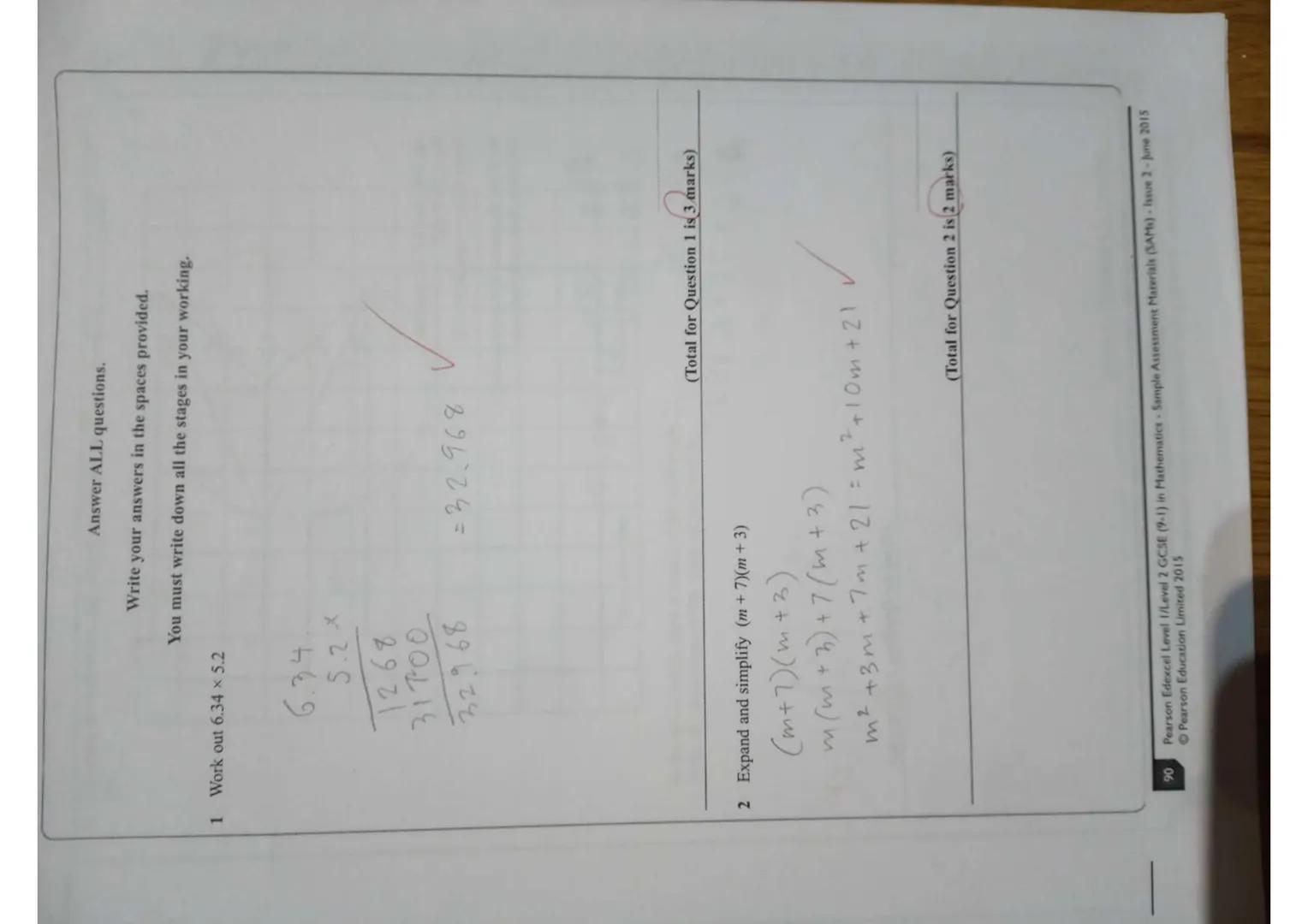 Write your name here
Surname
Pearson Edexcel
Level 1/Level 2 GCSE (9 -1)
Mathematics
Paper 1 (Non-Calculator)
Sample Assessment Materials - 