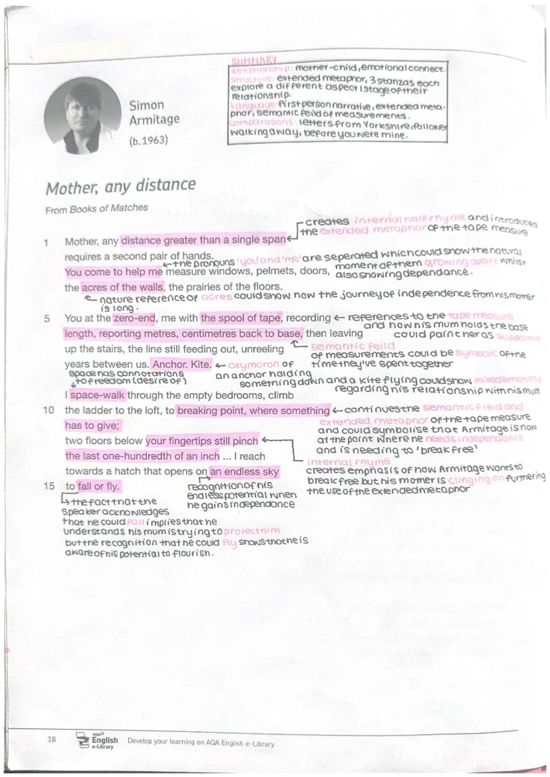 Simon
Armitage
(b.1963)
SUMMARY
Relationship: mother-child, emotional connect.
Structure: extended metaphor, 3 stanzas each
explore a differ