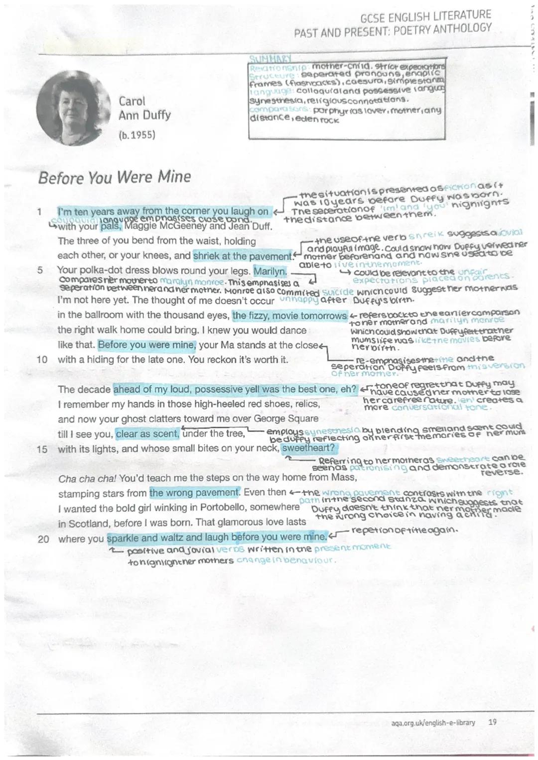 Simon
Armitage
(b.1963)
SUMMARY
Relationship: mother-child, emotional connect.
Structure: extended metaphor, 3 stanzas each
explore a differ