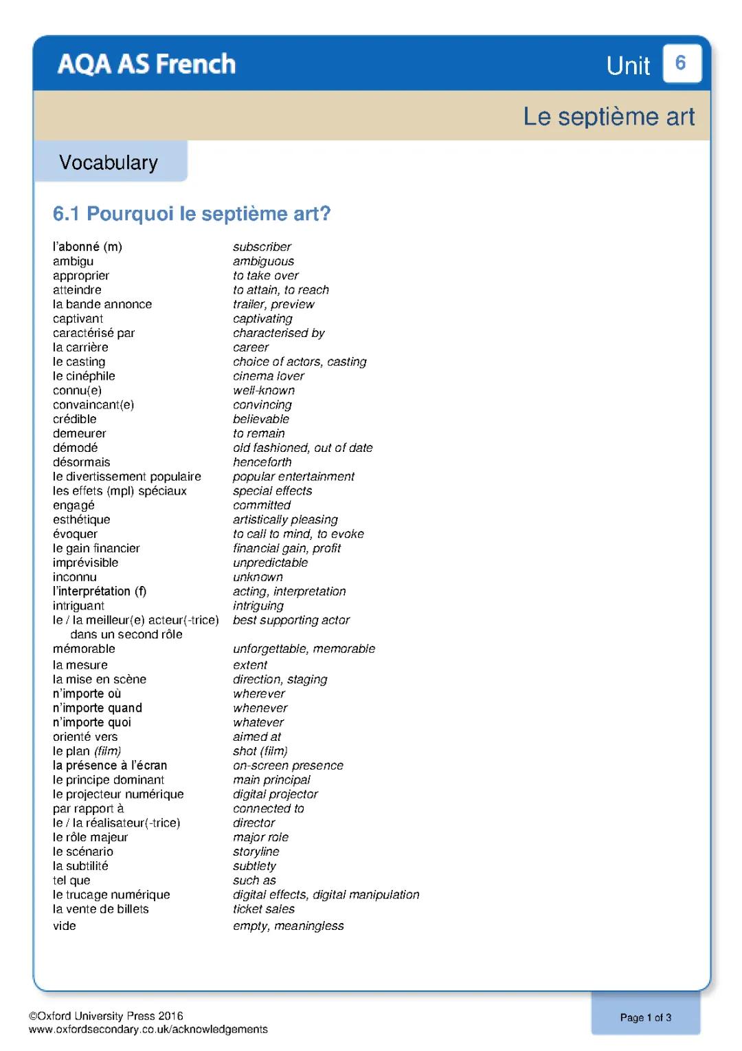 AQA A Level French AS Unit 6 - Full Vocab List