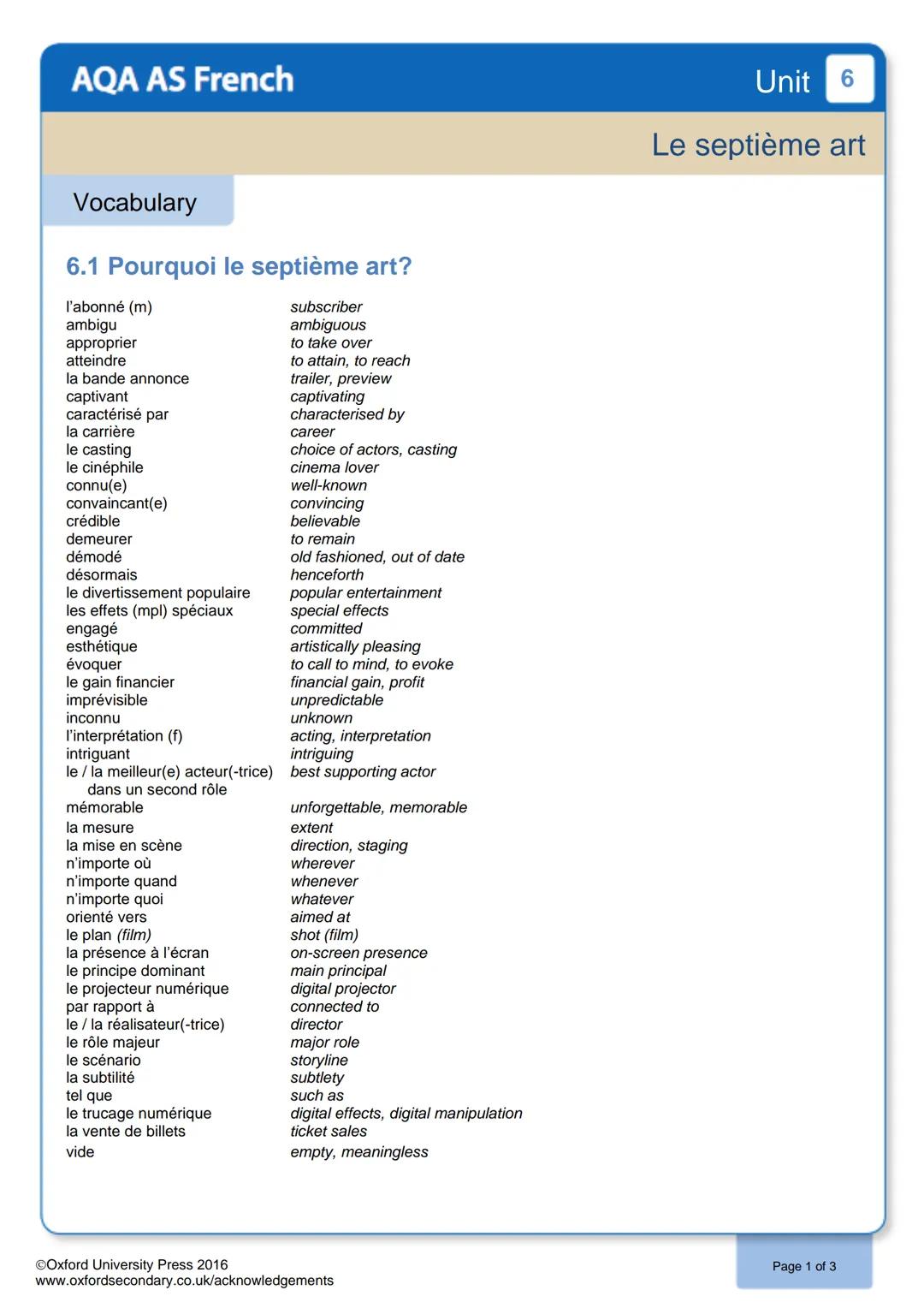 AQA AS French
Vocabulary
6.1 Pourquoi le septième art?
l'abonné (m)
ambigu
approprier
atteindre
la bande annonce
captivant
caractérisé par
l