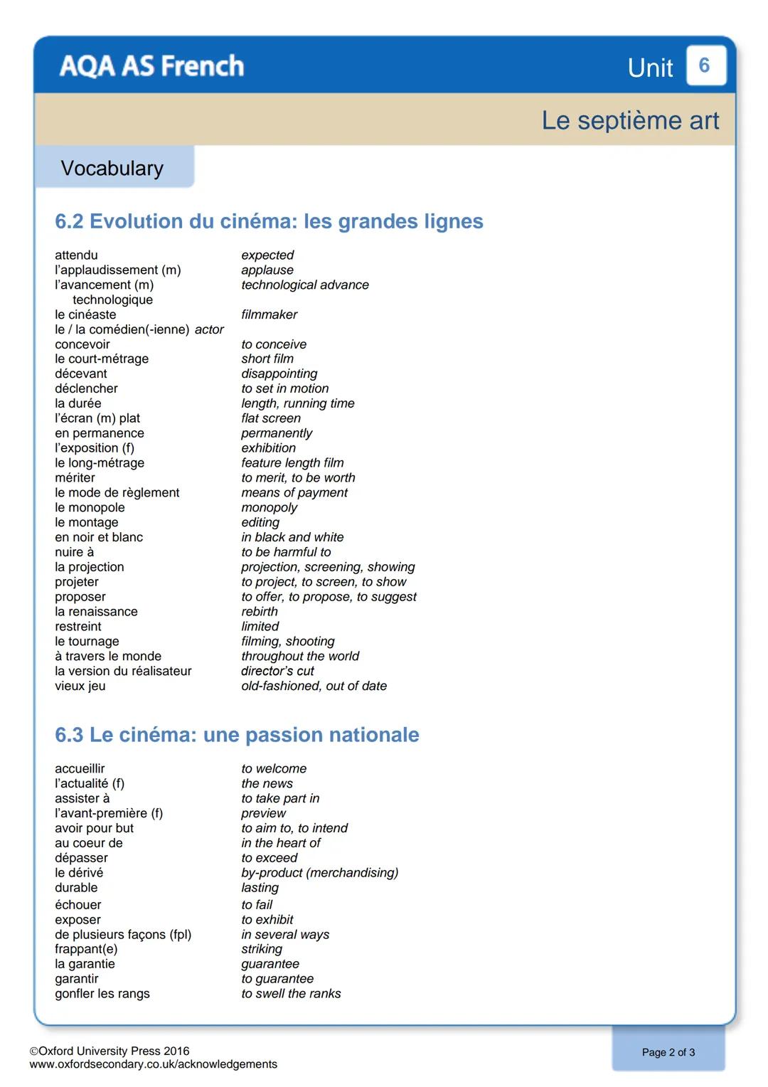 AQA AS French
Vocabulary
6.1 Pourquoi le septième art?
l'abonné (m)
ambigu
approprier
atteindre
la bande annonce
captivant
caractérisé par
l