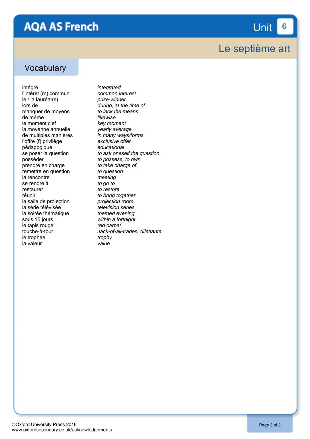 AQA AS French
Vocabulary
6.1 Pourquoi le septième art?
l'abonné (m)
ambigu
approprier
atteindre
la bande annonce
captivant
caractérisé par
l
