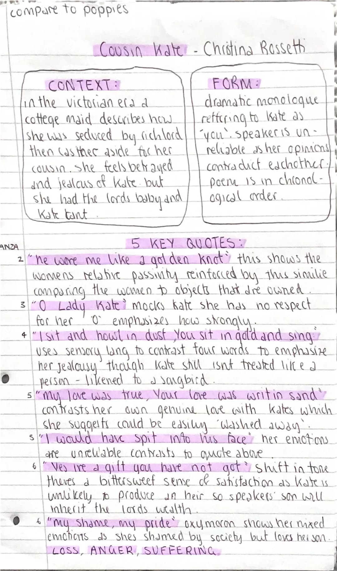 compare to poppies
ANZA
Cousin Kate - Christina Rossetti
CONTEXT:
in the victorian era d
cottege maid describes how
she was secluced by rich