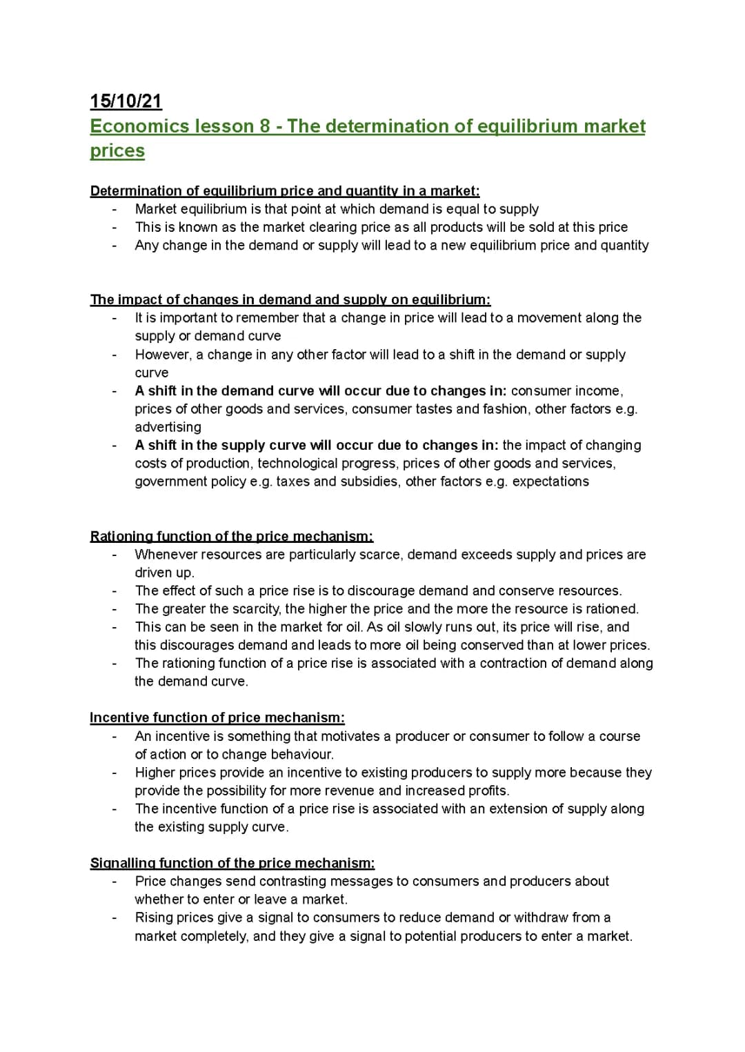 Economics - The determination of equilibrium market prices