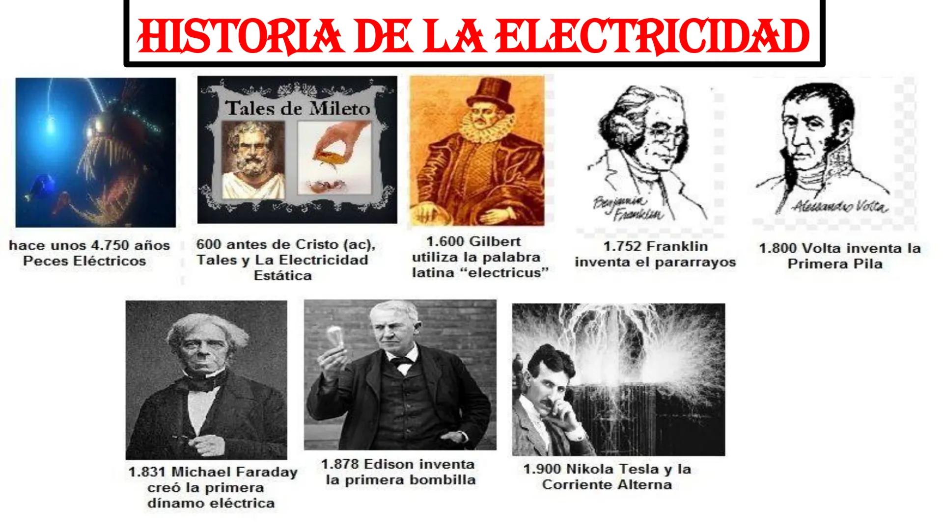 # HISTORIA DE LA ELECTRICIDAD

Tales de Mileto

Franklin

hace unos 4.750 años
Peces Eléctricos

600 antes de Cristo (ac),
Tales y La Electr