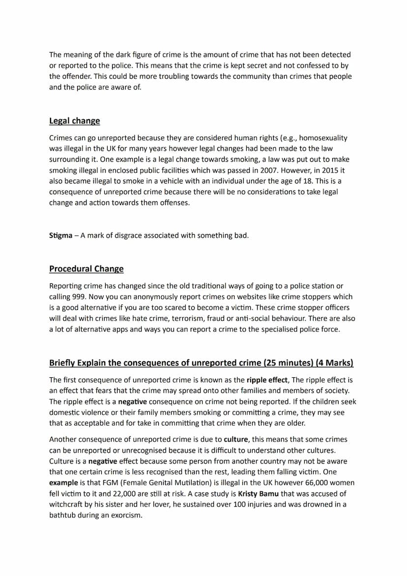 Unit 1.3 - Explain the consequences of unreported crime.
Consequences
●
Ripple effect
Cultural
Decriminalisation
Police prioritisation
Unrec