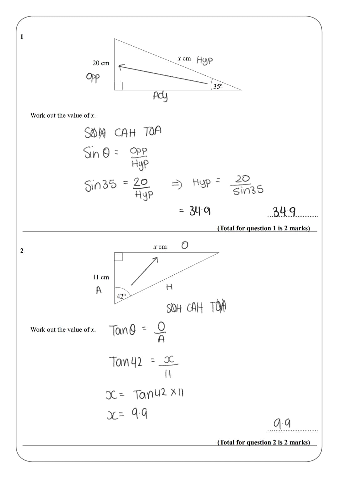 Name:
Instructions
●
●
●
●
●
Information
●
●
GCSE (1-9)
SOHCAHTOA
Use black ink or ball-point pen.
Answer all questions.
Answer the question