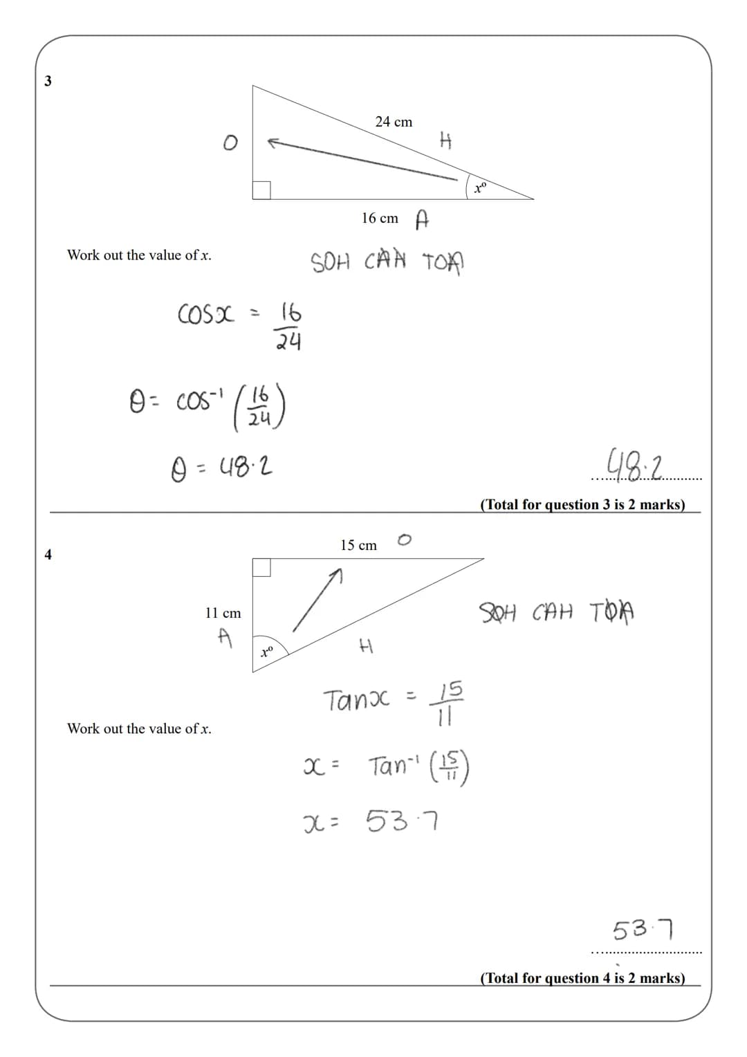 Name:
Instructions
●
●
●
●
●
Information
●
●
GCSE (1-9)
SOHCAHTOA
Use black ink or ball-point pen.
Answer all questions.
Answer the question