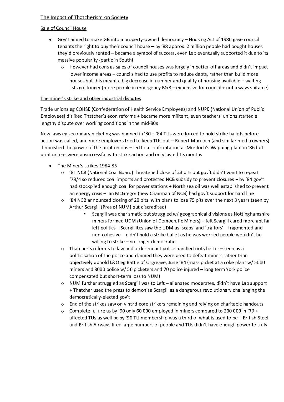A Level History Modern Britain Topic 4 Section 3 The Impact of Thatcherism on society