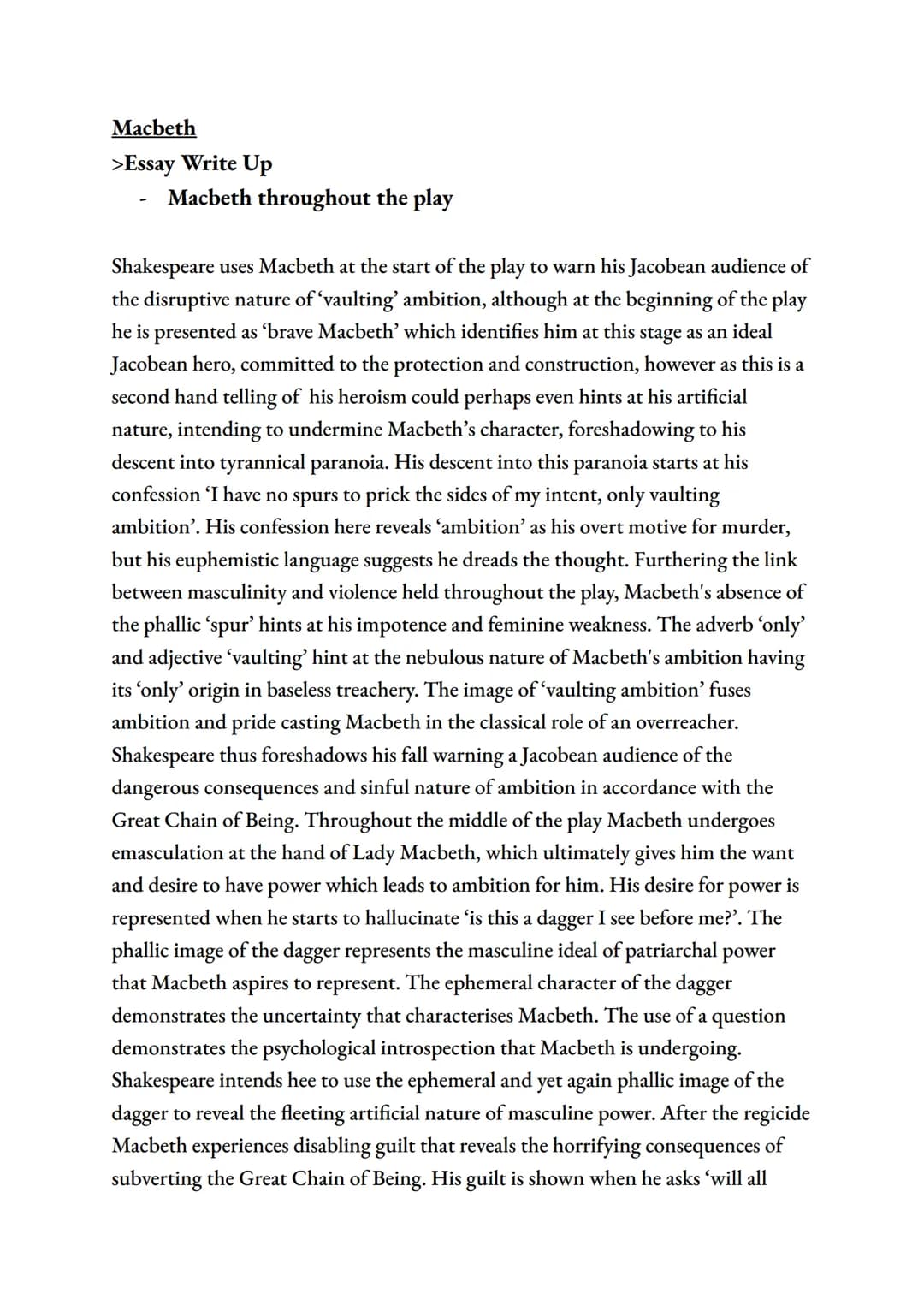 Macbeth
>Essay Write Up
Macbeth throughout the play
Shakespeare uses Macbeth at the start of the play to warn his Jacobean audience of
the d