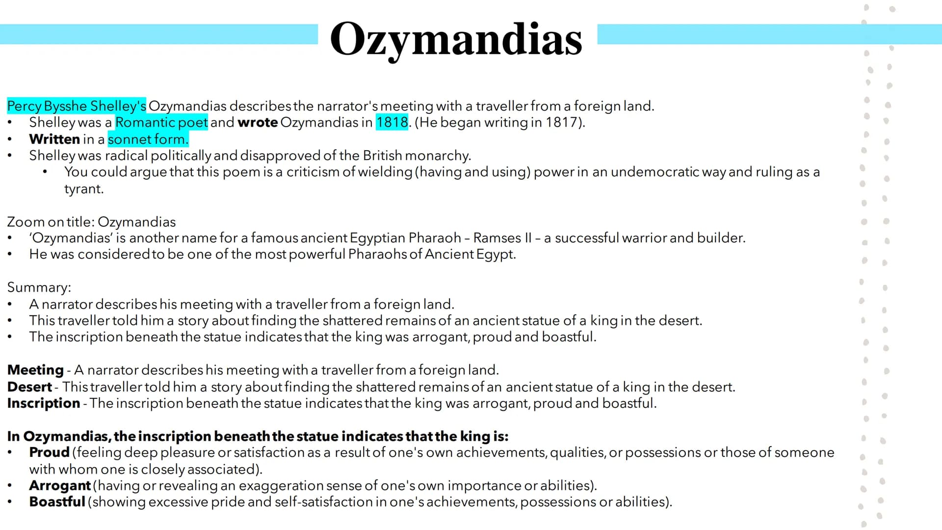 Power and Conflict
Poetry GCSEs Percy Bysshe Shelley's Ozymandias describes the narrator's meeting with a traveller from a foreign land.
She