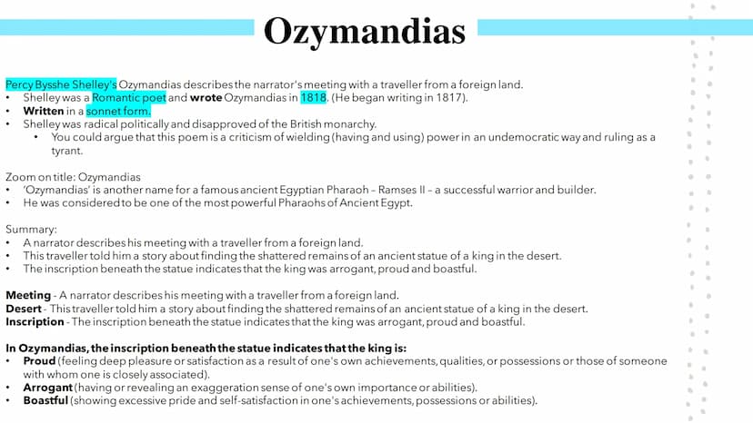 Power and Conflict
Poetry GCSEs Percy Bysshe Shelley's Ozymandias describes the narrator's meeting with a traveller from a foreign land.
She