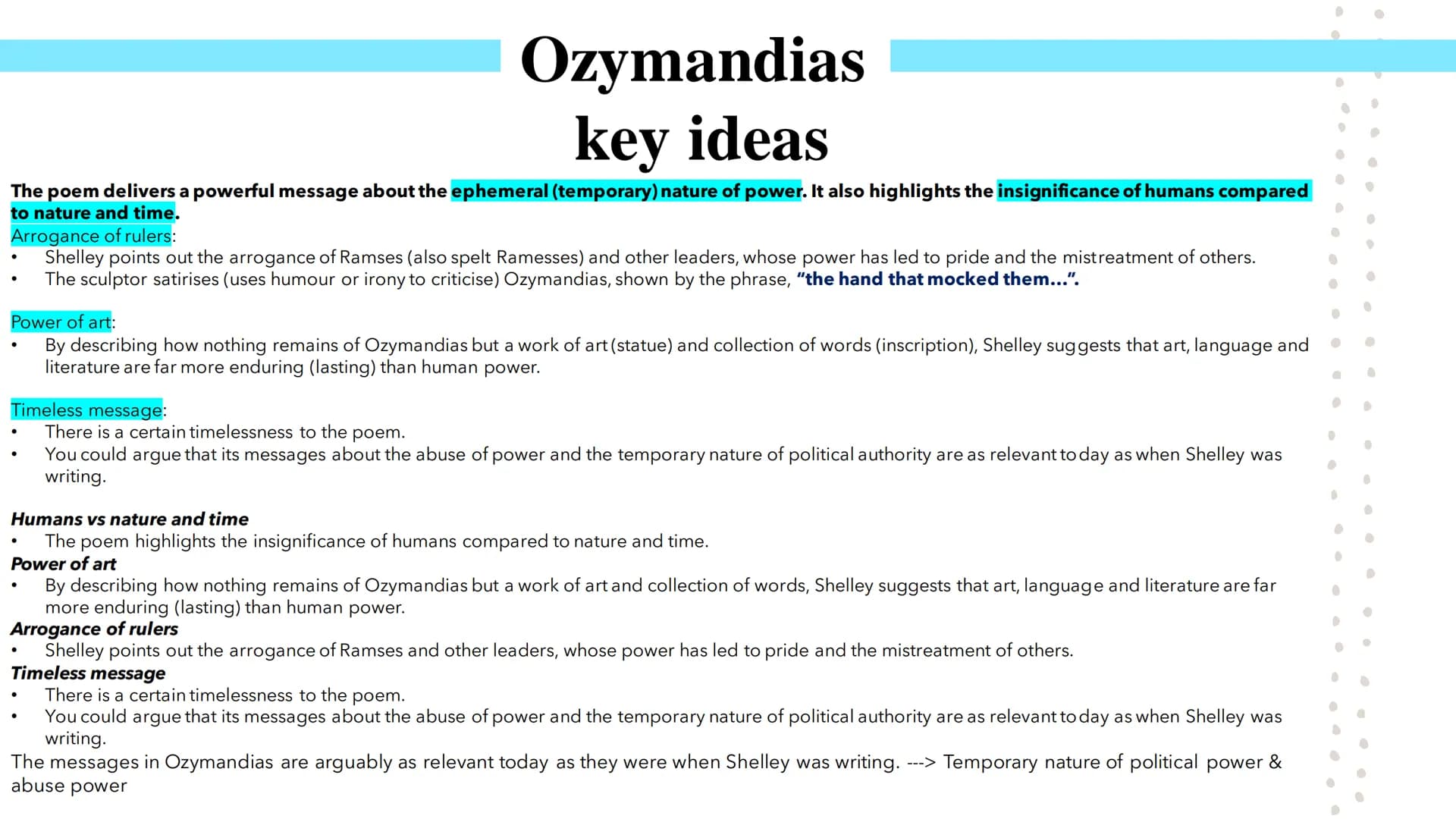 Power and Conflict
Poetry GCSEs Percy Bysshe Shelley's Ozymandias describes the narrator's meeting with a traveller from a foreign land.
She