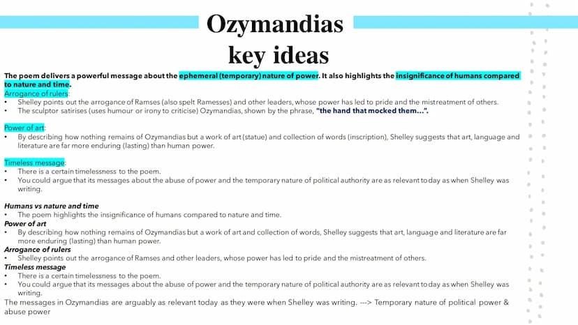 Power and Conflict
Poetry GCSEs Percy Bysshe Shelley's Ozymandias describes the narrator's meeting with a traveller from a foreign land.
She
