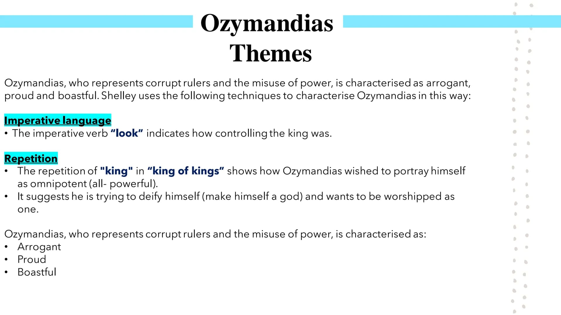 Power and Conflict
Poetry GCSEs Percy Bysshe Shelley's Ozymandias describes the narrator's meeting with a traveller from a foreign land.
She